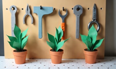 Miniature paper tools hanging on pegboard, flower pots with curled paper petals, checkered paper flooring.