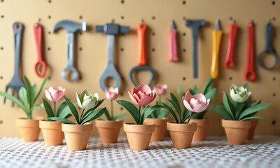Miniature paper tools hanging on pegboard, flower pots with curled paper petals, checkered paper flooring.