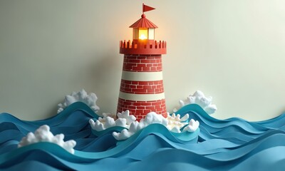 Striped paper tower with brick texture cuts, swirling paper waves crashing below, beacon with vellum glow.