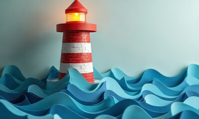 Striped paper tower with brick texture cuts, swirling paper waves crashing below, beacon with vellum glow.