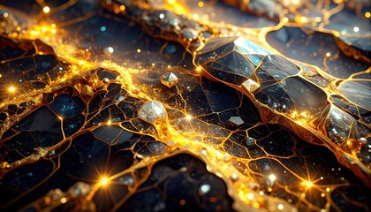 Abstract Golden Veins and Glittering Crystals on Dark Textured Surface