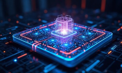 Neon-lit hologram pad displaying a complex firewall network against a dark tech backdrop.