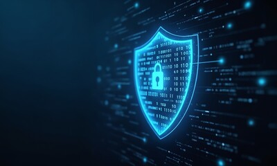 Futuristic holographic shield with glowing binary code, symbolizing cyber security in a digital world.