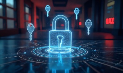 Abstract 3D holographic lock with floating encryption keys in a cyberpunk-inspired environment.