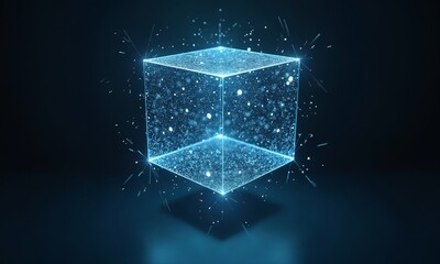 Floating holographic cube with shifting patterns of cyber security algorithms and digital barriers.