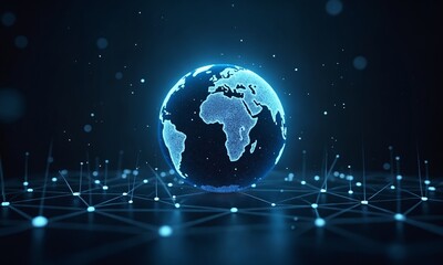 Glowing holographic globe surrounded by interconnected nodes representing global cyber protection.