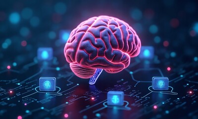 A vibrant 3D brain floating in a digital realm, surrounded by binary code and firewalls, symbolizing data protection.