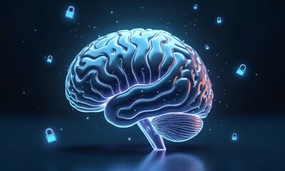 A sleek 3D-rendered brain with circuit-like veins, encased in a transparent cyber shield with floating lock icons.