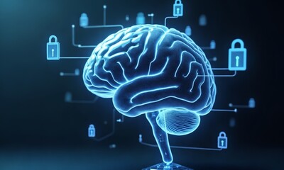 A sleek 3D-rendered brain with circuit-like veins, encased in a transparent cyber shield with floating lock icons.