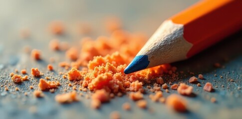 Close-up of sharpened colored pencil with wood shavings , graphite, supplies, object