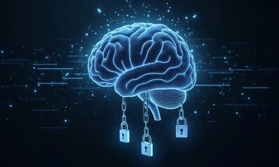 A holographic brain with pulsating light waves, intertwined with glowing chains and padlocks, evoking cyber defense.