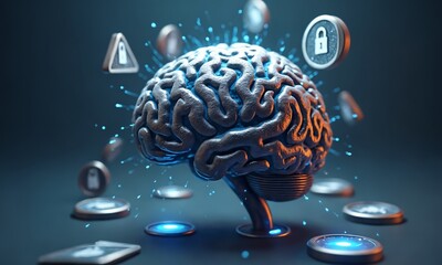 A metallic 3D brain with rotating gears inside, surrounded by floating cyber security badges and warning signs.