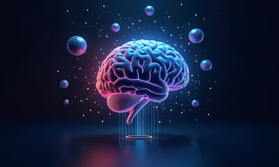 A neon-lit 3D brain suspended in a dark void, connected to floating firewalls and glowing data streams.
