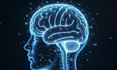 A translucent brain with a digital mesh overlay, covered in shimmering encryption codes and protective barriers.