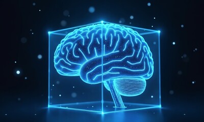 A futuristic brain made of glowing blue wires, encased in a transparent cube with cyber security holograms.