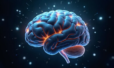 A 3D brain with a fractal design, surrounded by rotating cyber locks and digital force fields.