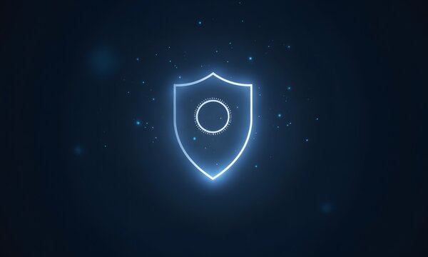 Minimalist holographic interface displaying a rotating shield icon for cyber protection.