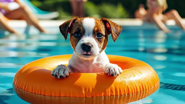 Cute puppy dog enjoys swimming in a bright pool on an orange float in summer. Summer vacation fun.