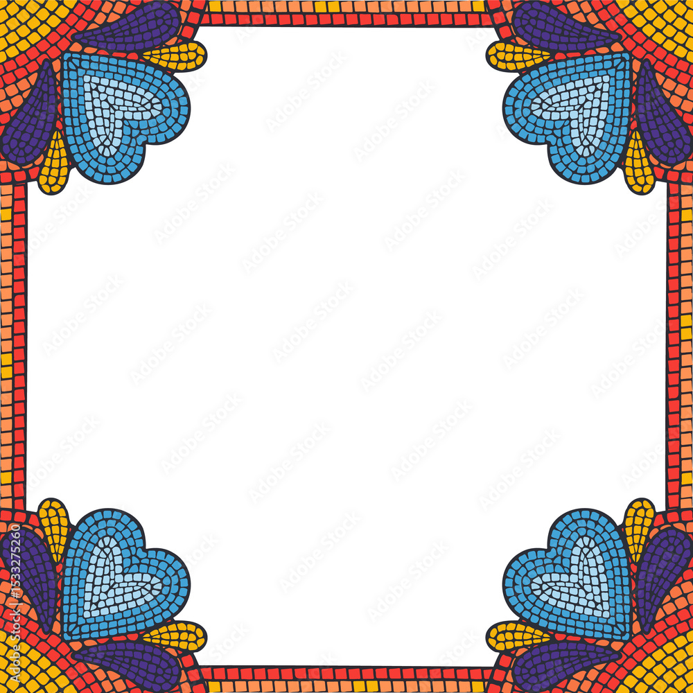 Poster flat design mosaic frame is showing heart motifs in corners with transparent background, copy space