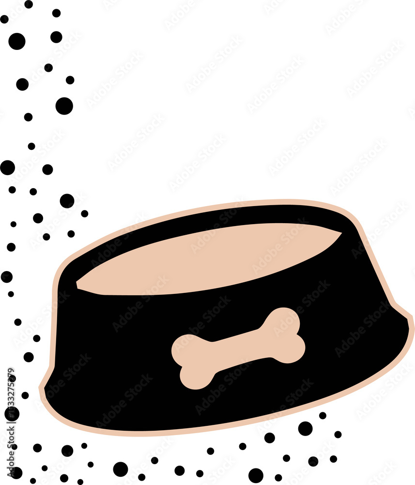 Aufkleber showing stylized dog bowl with bone icon, dots floating on transparent background in vector design