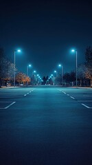 an empty parking lot with lights on at night