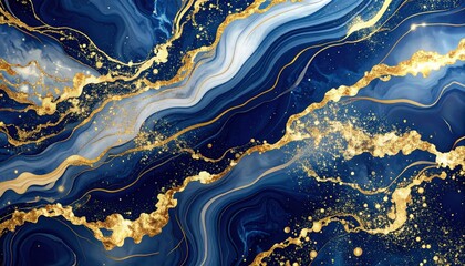 Abstract Navy Blue and White Marble Texture with Golden Glitter
