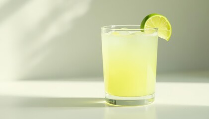 Fototapeta premium Glass filled with pale yellow liquid and lime wedge atop a white surface , tequila, spirits