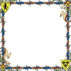 Medieval-style illuminated border is featuring green vines and gold shields, transparent background