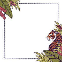 Tiger head and dotted frame are creating leaf berry border, flat transparent background, copy space