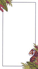 Rectangular frame featuring leaves, berries, halftone tiger emerging, transparent, copy space