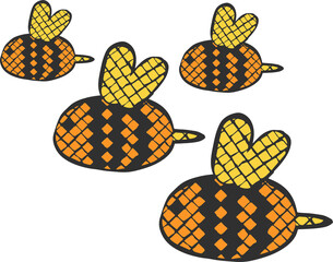 Four bugs are floating in flat style on transparent backdrop with diamond body, heart wing, stinger