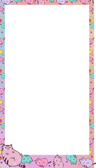 Fototapeta premium Decorative frame showing pastel cats or stars or hearts or rings around gray area on clear bg, copy 