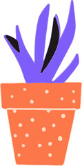 Stylized flat plant with purple leaves is growing from dotted orange pot on transparent backdrop
