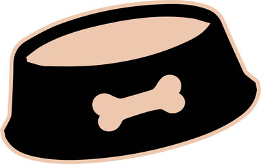 Stylized dog bowl is sitting on transparent background in flat cartoon design with bone icon