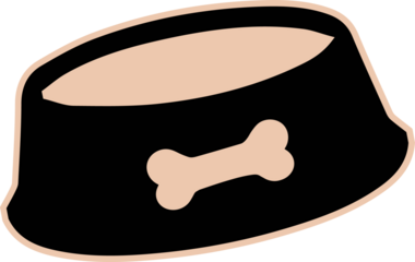 Stylized dog bowl is sitting on transparent background in flat cartoon design with bone icon