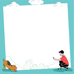 Boy is crouching and playing with dog by dark grey panel in flat design, transparent background