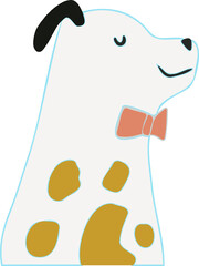 Flat design dog is floating on transparent background, with mustard-yellow spots and salmon bow tie