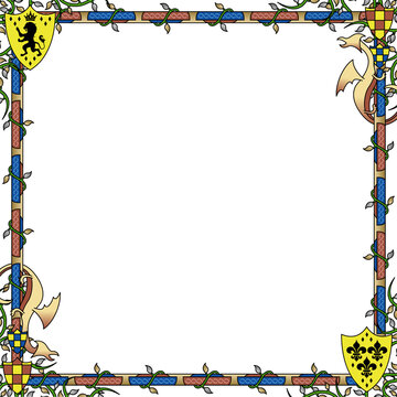 Medieval-style illuminated border is featuring green vines and gold shields, transparent background