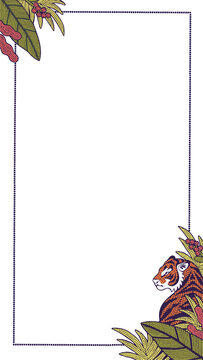 Fototapeta Rectangular frame featuring leaves, berries, halftone tiger emerging, transparent, copy space