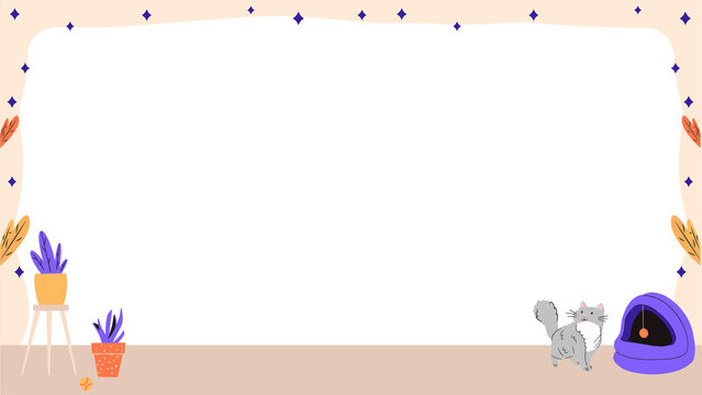 Fototapeta Flat design is showing blank teal panel, dashed border, plants, cat bed on transparent background