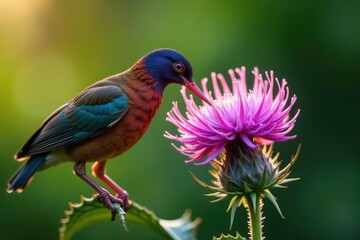 Fototapeta premium A bittern sips nectar from a vibrant purple thistle, summer fluff billowing , outdoors, fauna, bittern