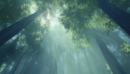 Sunlight streams through a misty redwood forest