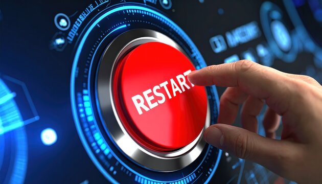 A hand presses a red restart button on a digital interface - Powered by Adobe