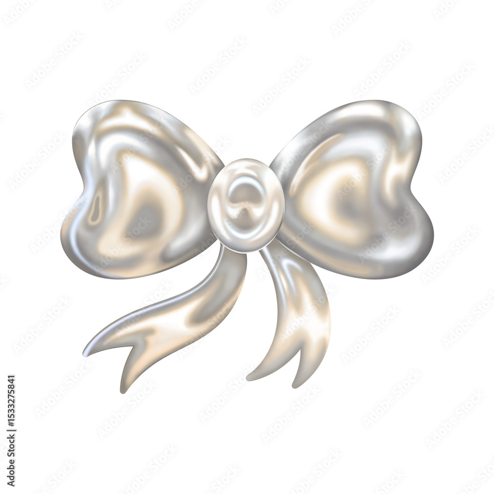 Poster silver metallic ribbon bow floating on transparent background showing heart loops and curving tails