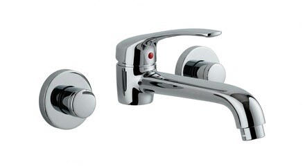 Close up of a chrome faucet with a red dot and separate handle on white back