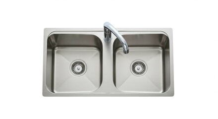 A top view of a stainless steel double bowl kitchen sink with a faucet