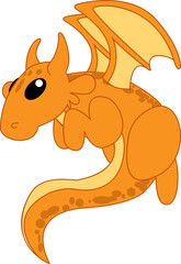 Flat illustration dragon is floating on transparent background with orange body, horns, wings