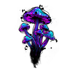 Neon mushroom cluster is floating on transparent background, showing ink drips and thick outline