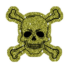 Floating flat gold glitter skull and crossbones on clear background, black outlines, white sparkles