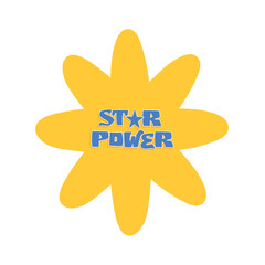 Flat design starburst shape is shining on transparent background, featuring STAR POWER blue text
